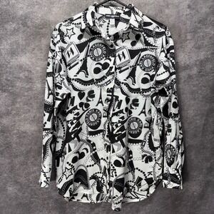 Karl Lagerfeld Paris Button Up Shirt Womens XS Black White AOP Eiffel Tower